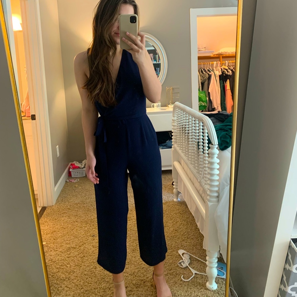Navy V-Neck Jumpsuit Formal Tie in the Front Zipper down Back